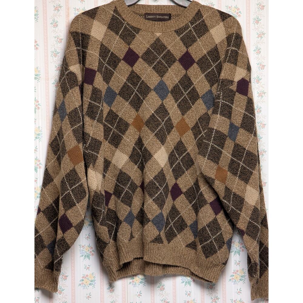 Vtg Liberty Sweaters Argyle Pullover Sweater MENS SIZE L Heavy USA Dad Grandpa